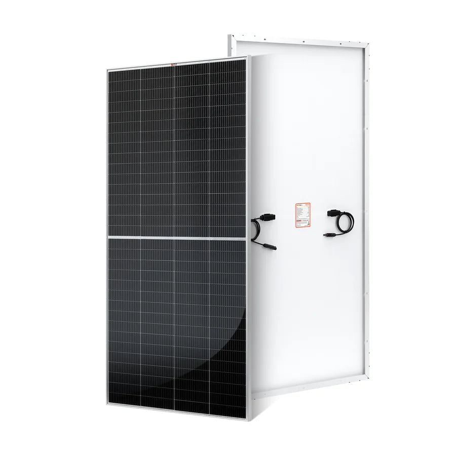 An Ecoflow solar panel is displayed from the front, showing its dark grid surface, and from the back, revealing white backing, black cables, and connectors for use with the EcoFlow Delta Pro Portable Power Complete Solar Generator System.