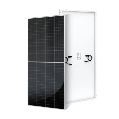 An Ecoflow solar panel is displayed from the front, showing its dark grid surface, and from the back, revealing white backing, black cables, and connectors for use with the EcoFlow Delta Pro Portable Power Complete Solar Generator System.