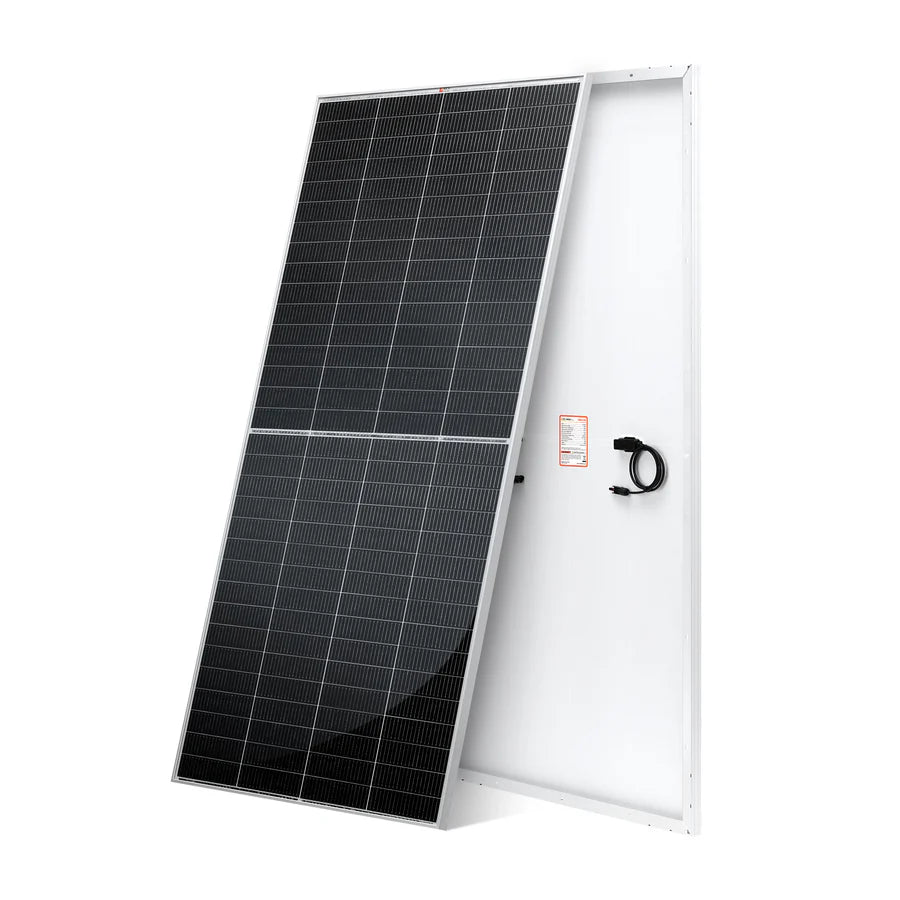 Two large rectangular Rich Solar monocrystalline panels stand upright; one shows the black grid of photovoltaic cells, while the other reveals the white back with an attached cable and connector, highlighting a high-performance solar panel design.