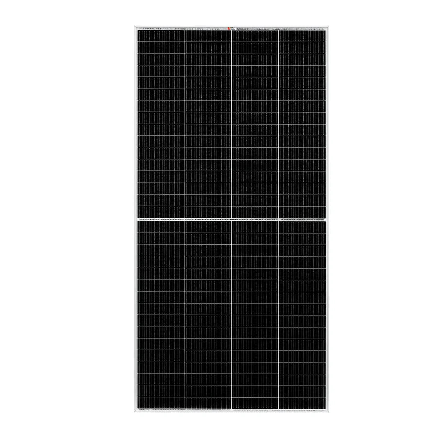 A high-performance rectangular Rich Solar monocrystalline panel features a grid of small, dark photovoltaic cells split into two sections by a horizontal line, set against a plain white background for maximum efficiency.