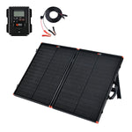 The Rich Solar portable solar charging kit includes a black solar panel, charge controller, and cables with clamps—perfect for an off-grid trailer. All components are neatly displayed on a white background.