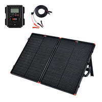 The Rich Solar portable solar charging kit includes a black solar panel, charge controller, and cables with clamps—perfect for an off-grid trailer. All components are neatly displayed on a white background.