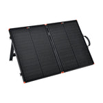 The Rich Solar portable solar charging kit features a foldable black panel with orange corners, stand, and carrying handle—ideal for off-grid trailer setups—all shown against a white background.