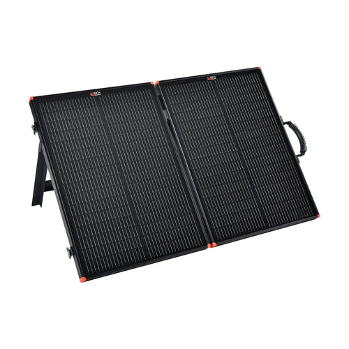 The Rich Solar portable solar charging kit features a foldable black panel with orange corners, stand, and carrying handle—ideal for off-grid trailer setups—all shown against a white background.