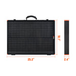 A black Rich Solar portable solar panel with a top handle, perfect for off-grid trailers, shown from front and side. Dimensions: 25.2 wide, 18.1 tall, 2.4 thick.
