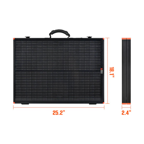 A black Rich Solar portable solar panel with a top handle, perfect for off-grid trailers, shown from front and side. Dimensions: 25.2 wide, 18.1 tall, 2.4 thick.