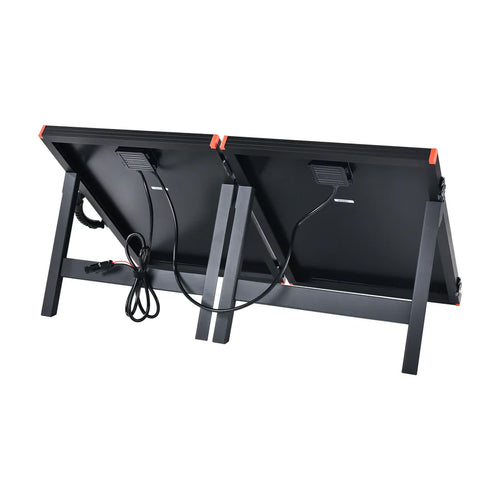 A rear view of two black, rectangular Rich Solar portable solar panels side by side on foldable stands, with visible cables connected to their backs.