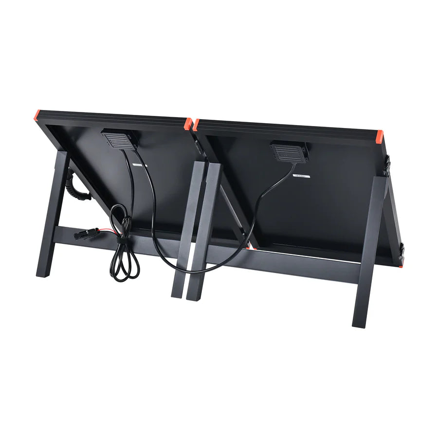 A rear view of two black, rectangular Rich Solar portable solar panels side by side on foldable stands, with visible cables connected to their backs.
