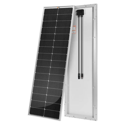 Two rectangular Rich Solar off-grid panels: one shows black photovoltaic cells from the front, while the other displays rear wiring and a junction box for high-efficiency power generation.