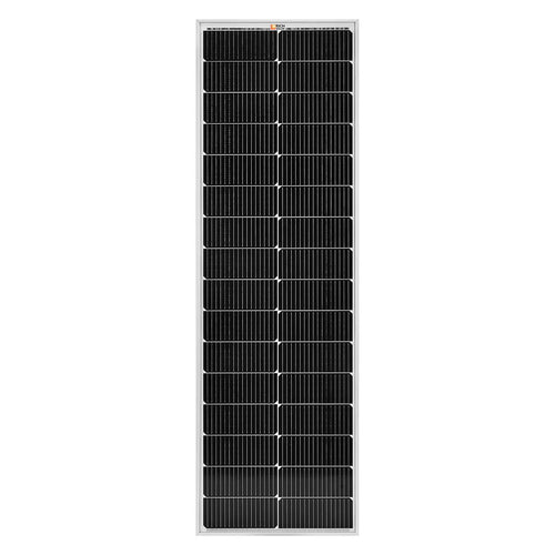 The Rich Solar rectangular black off-grid solar panel, featuring a grid of photovoltaic cells and a silver frame, is shown vertically against a white background for high-efficiency power generation.