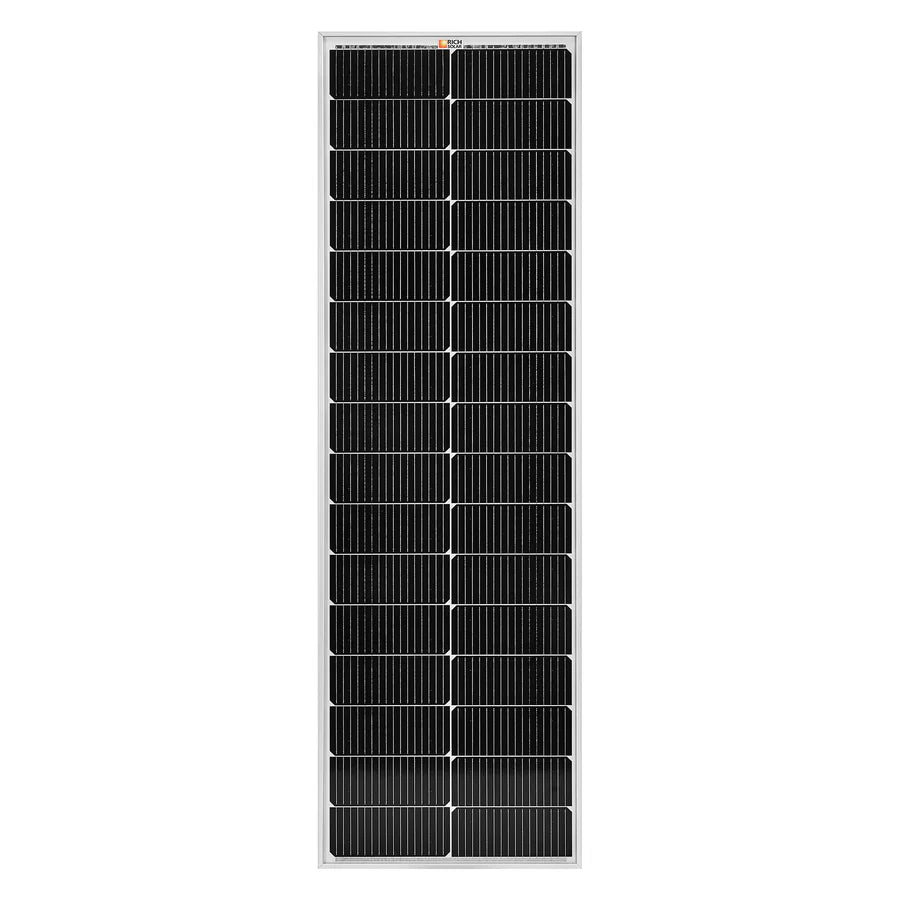 The Rich Solar rectangular black off-grid solar panel, featuring a grid of photovoltaic cells and a silver frame, is shown vertically against a white background for high-efficiency power generation.