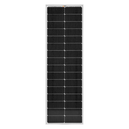 The Rich Solar rectangular black off-grid solar panel, featuring a grid of photovoltaic cells and a silver frame, is shown vertically against a white background for high-efficiency power generation.