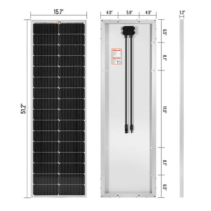 Three views of Rich Solars compact panel: front with black cells, back with junction box and cables, and 1.2 side profile. This high-efficiency solar panel measures 51.7 H x 15.7 W x 1.2 D and is designed for optimal power generation.