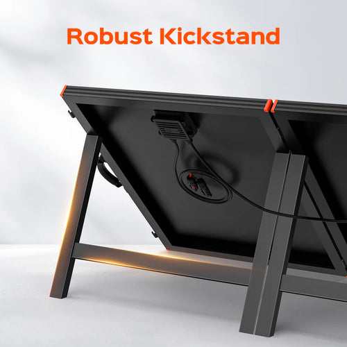 Rear view of a black Rich Solar 200W briefcase solar kit featuring a sturdy angled kickstand and attached charging cable. Bold orange text reads Robust Kickstand above the panel—ideal portable solar power for your next adventure.