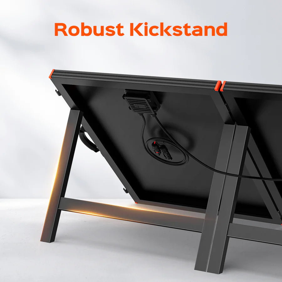Rear view of a black Rich Solar 200W briefcase solar kit featuring a sturdy angled kickstand and attached charging cable. Bold orange text reads Robust Kickstand above the panel—ideal portable solar power for your next adventure.