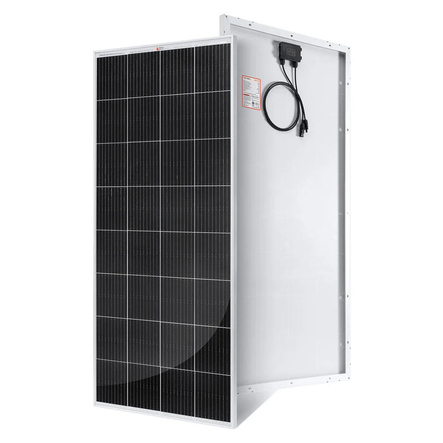 A black and silver rectangular Zendure solar panel stands upright, showing solar cells on the front and a junction box with attached cables on the back.