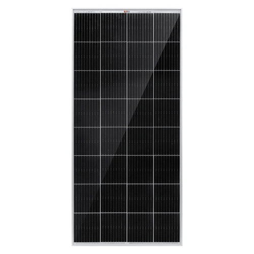 A rectangular black Bluetti solar panel with a grid of photovoltaic cells and a slim silver frame is displayed on a white background—perfect for modular solar energy solutions.