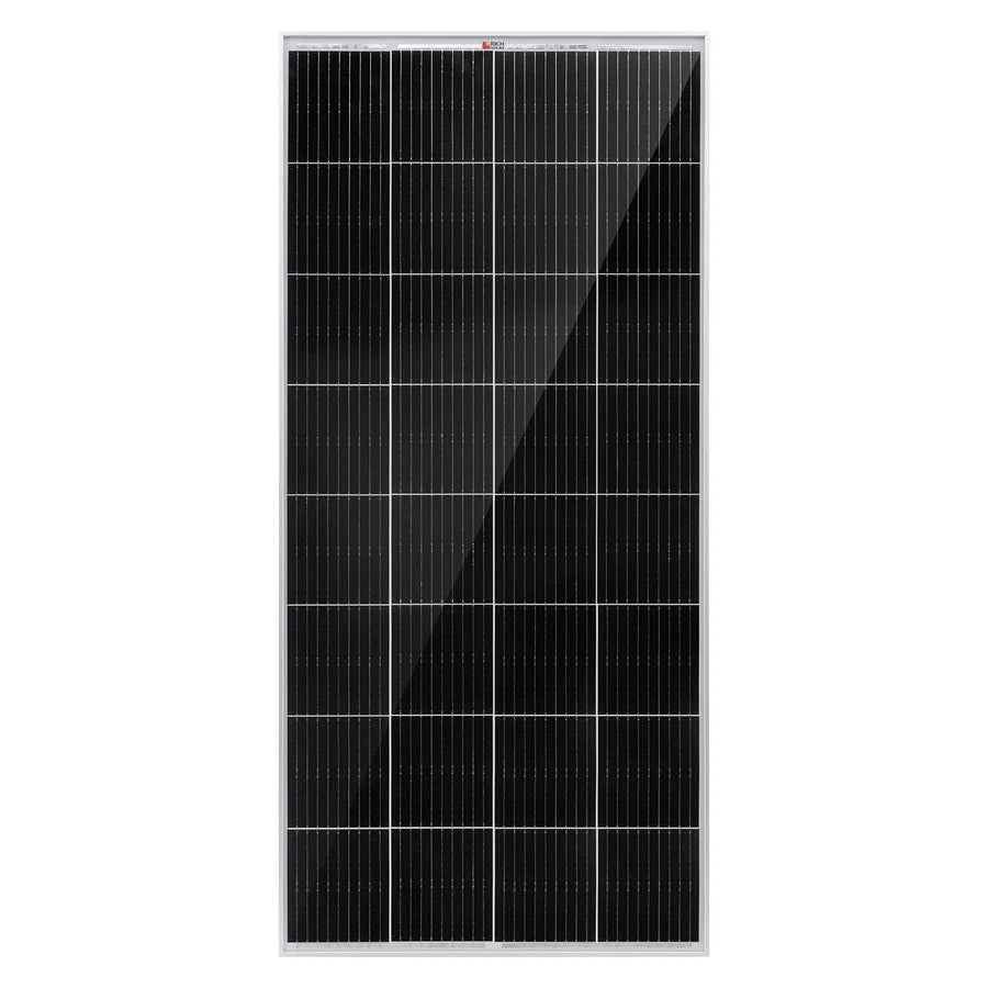 The Rich Solar rectangular black 200W monocrystalline panel has a silver frame and a grid of evenly spaced cells in rows and columns, shown front-facing on a white background. It’s designed for efficient solar energy capture.