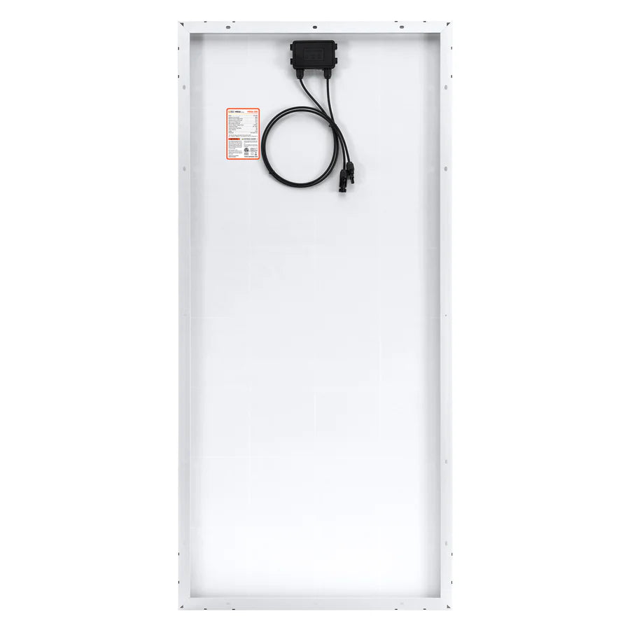 The image shows the back of a rectangular Rich Solar monocrystalline panel with a white frame. A black junction box with two cables, one ending in a connector, is attached near the top. A warning label is visible. Great for off-grid solar projects.