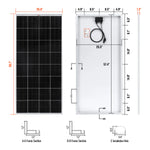 The Bluetti rectangular solar panel is shown front and back with detailed measurements, includes close-ups of frame sections and installation hole dimensions (in inches). It is mainly black, features a cable for modular power, and supports solar energy systems.