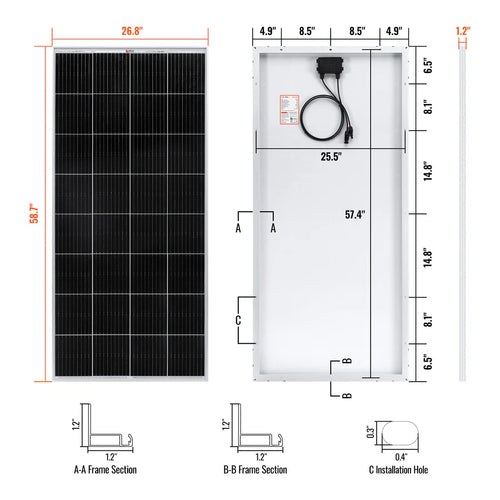 The Bluetti rectangular solar panel is shown front and back with detailed measurements, includes close-ups of frame sections and installation hole dimensions (in inches). It is mainly black, features a cable for modular power, and supports solar energy systems.