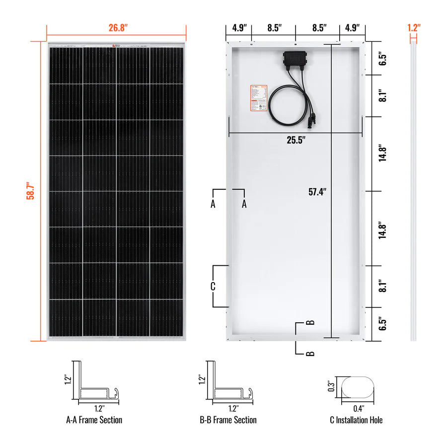 The Rich Solar 200W Monocrystalline panel measures 58.7 x 26.8 x 1.2, features rear wiring, junction box, supports solar setups with a 60A MPPT controller, and includes detailed frame and installation hole dimensions.