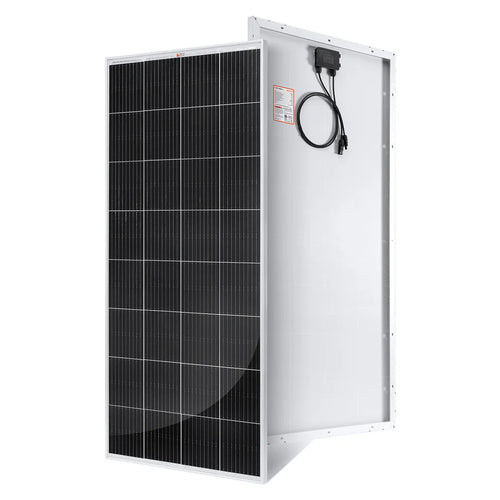 A black and silver rectangular Rich Solar monocrystalline panel is shown at an angle, featuring front photovoltaic cells and a rear junction box with cables—perfect for off-grid solar projects.