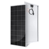 A black and silver rectangular Rich Solar monocrystalline panel is shown at an angle, featuring front photovoltaic cells and a rear junction box with cables—perfect for off-grid solar projects.