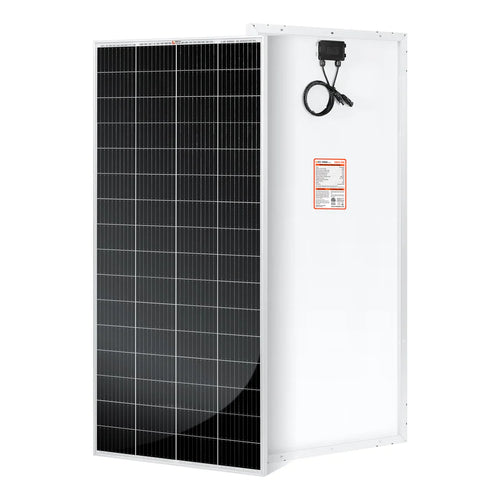 Two views of a rectangular, lightweight Rich Solar panel: the front displays dark high-efficiency cells in a grid, while the back has a white surface with junction box, cables, and warning label—perfect for off-grid solar projects.