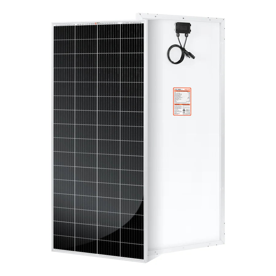 Two views of a rectangular, lightweight Rich Solar panel: the front displays dark high-efficiency cells in a grid, while the back has a white surface with junction box, cables, and warning label—perfect for off-grid solar projects.