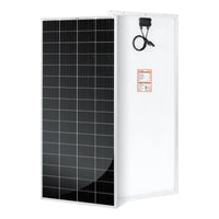 Two views of a rectangular, lightweight Rich Solar panel: the front displays dark high-efficiency cells in a grid, while the back has a white surface with junction box, cables, and warning label—perfect for off-grid solar projects.