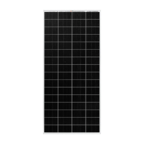 A rectangular black Rich Solar panel with multiple evenly spaced photovoltaic cells and a slim white frame, shown on a plain white background—perfect for off-grid solar projects.
