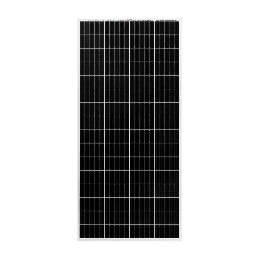 A rectangular black Rich Solar panel with multiple evenly spaced photovoltaic cells and a slim white frame, shown on a plain white background—perfect for off-grid solar projects.