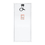 This image shows the back of a lightweight Rich Solar panel with a white surface, small black junction box at the top center, attached black cables, and an instruction label—ideal for off-grid solar projects.