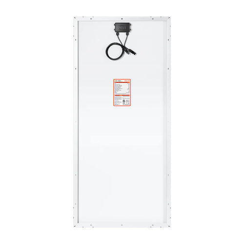 This image shows the back of a lightweight Rich Solar panel with a white surface, small black junction box at the top center, attached black cables, and an instruction label—ideal for off-grid solar projects.