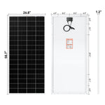 Front and back views of the Rich Solar high-efficiency solar panel, ideal for off-grid use. Dimensions: 58.7 H x 26.8 W x 1.2 D. The rear displays a junction box with cables and precise measurement markers.