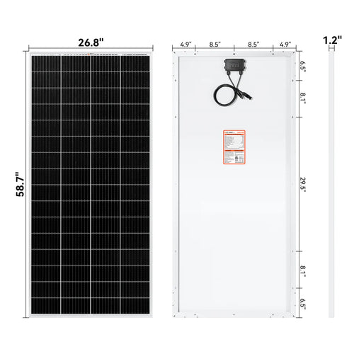 Front and back views of the Rich Solar high-efficiency solar panel, ideal for off-grid use. Dimensions: 58.7 H x 26.8 W x 1.2 D. The rear displays a junction box with cables and precise measurement markers.