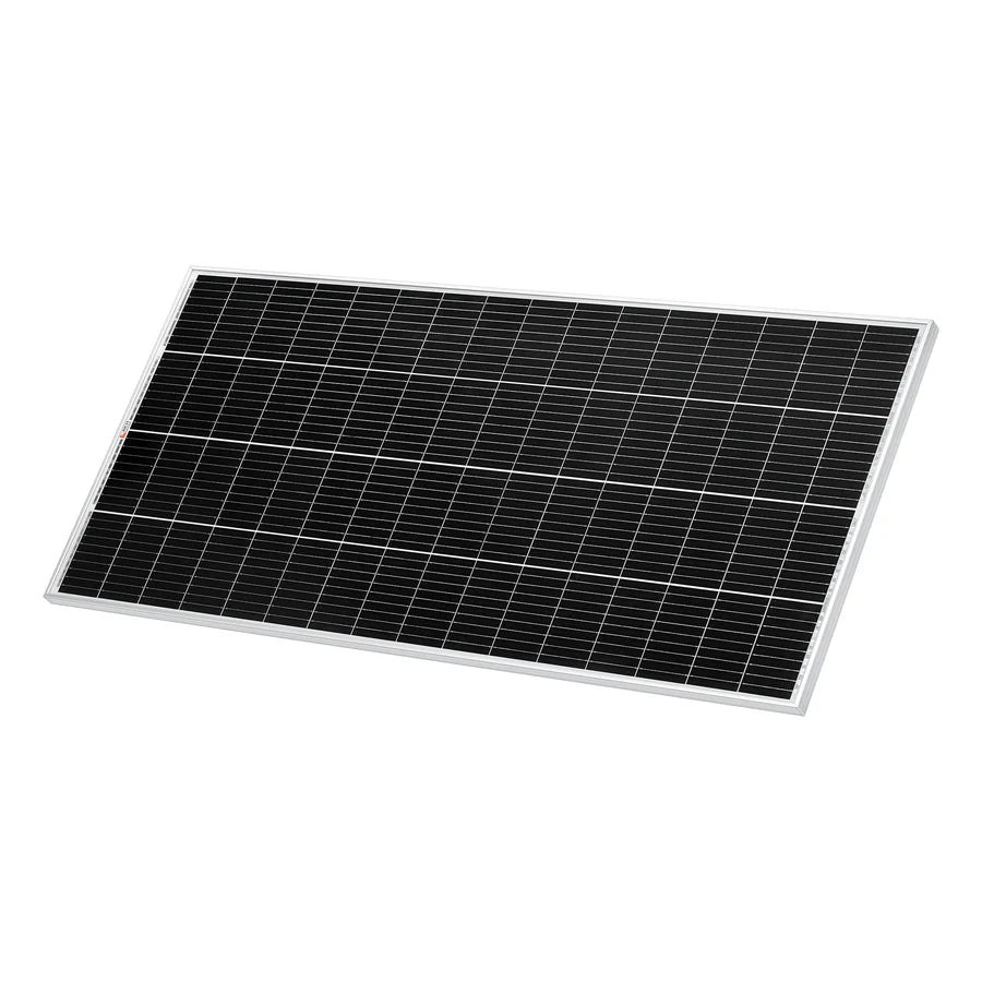 A single rectangular Rich Solar lightweight panel with a grid of dark photovoltaic cells and a thin silver frame, displayed on a white background—ideal for off-grid solar projects.