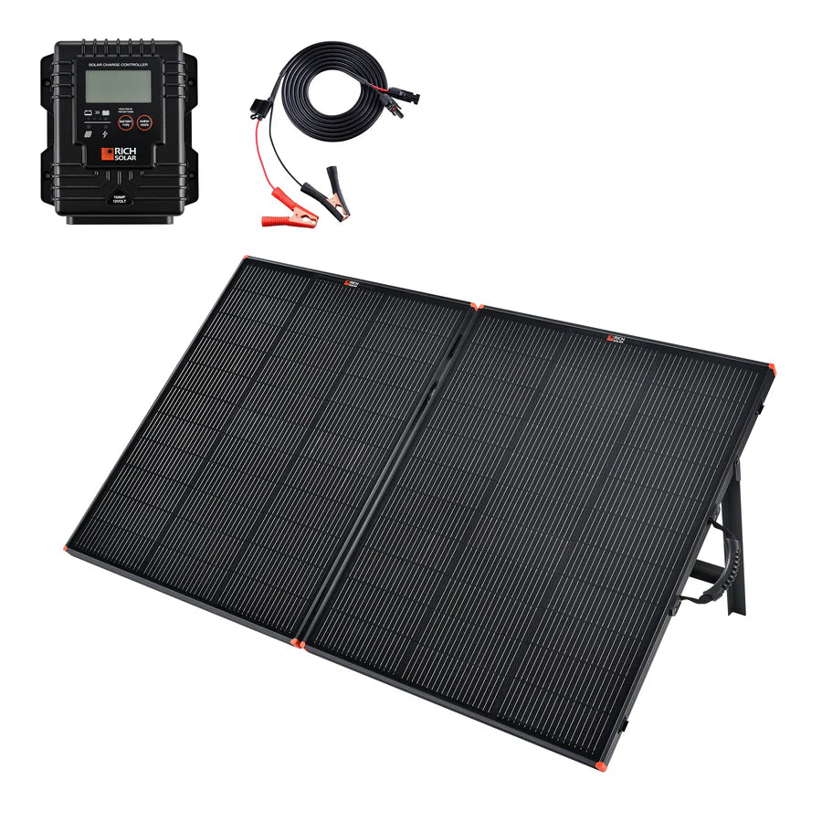 Rich Solar foldable black monocrystalline solar panel set with support stand, connected to a black charge controller and red/black alligator clip cables—ideal for portable solar charging kits or RV installation, shown on a white background.