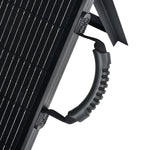 Close-up view of Rich Solar’s 200W briefcase solar kit with a textured black handle and sturdy straps, highlighting the panel’s black frame and support stand—perfect for RV solar installation or portable power anywhere.
