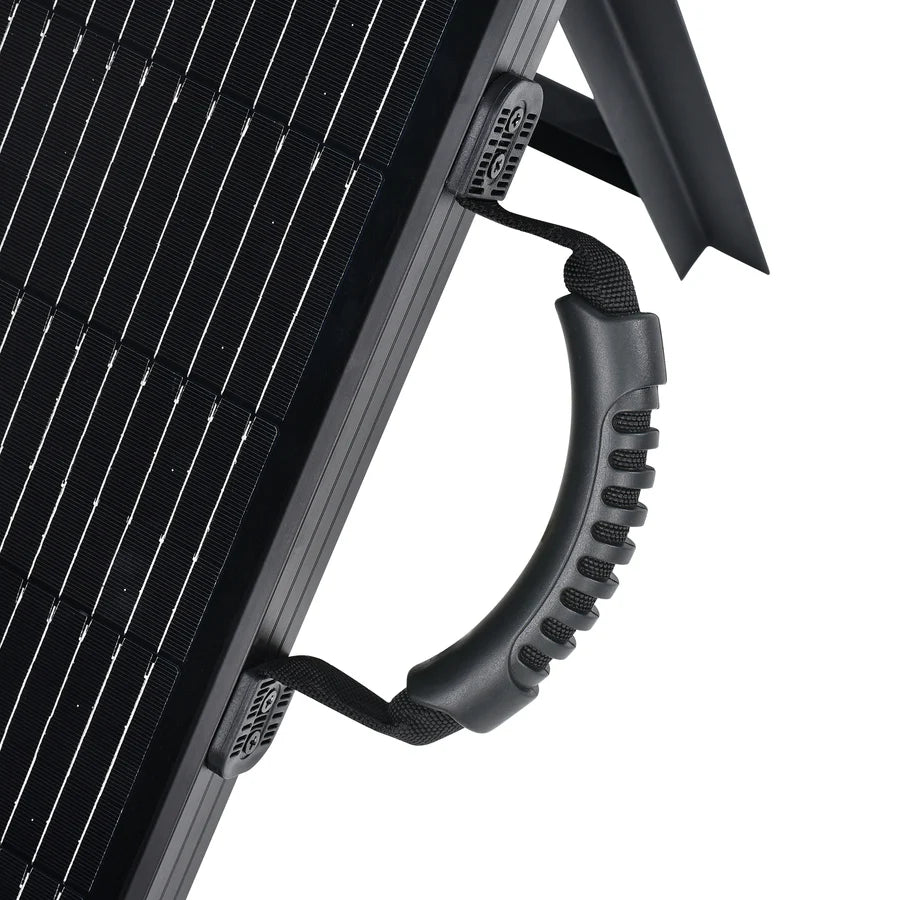 Close-up view of Rich Solar’s 200W briefcase solar kit with a textured black handle and sturdy straps, highlighting the panel’s black frame and support stand—perfect for RV solar installation or portable power anywhere.