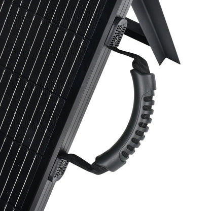 Close-up view of Rich Solar’s 200W briefcase solar kit with a textured black handle and sturdy straps, highlighting the panel’s black frame and support stand—perfect for RV solar installation or portable power anywhere.