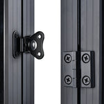 Close-up of a Rich Solar metal door hinge and butterfly latch attaching two grooved panels, similar to those used in RV solar installations, against a white background.