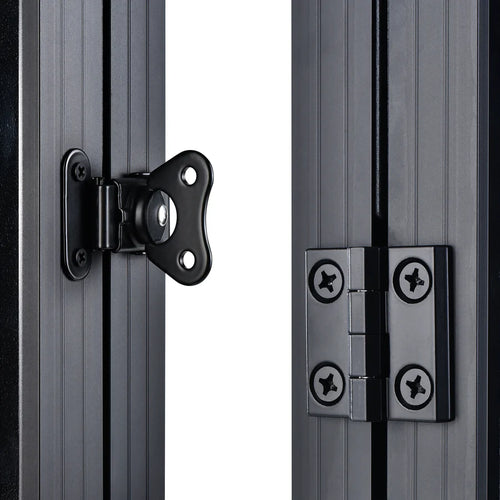 Close-up of a Rich Solar metal door hinge and butterfly latch attaching two grooved panels, similar to those used in RV solar installations, against a white background.