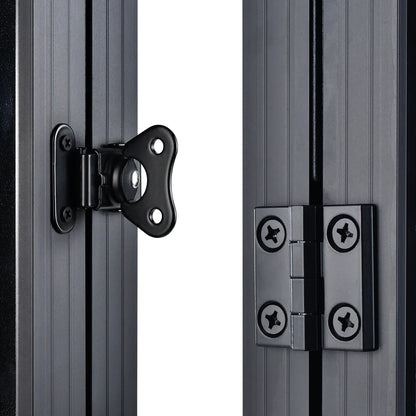 Close-up of a Rich Solar metal door hinge and butterfly latch attaching two grooved panels, similar to those used in RV solar installations, against a white background.