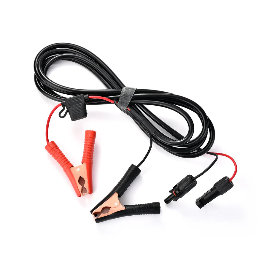 A Rich Solar black jumper cable with red and black alligator clamps on one end and two connector plugs on the other, perfect for RV solar installation or a 200W briefcase solar kit, displayed on a white background.