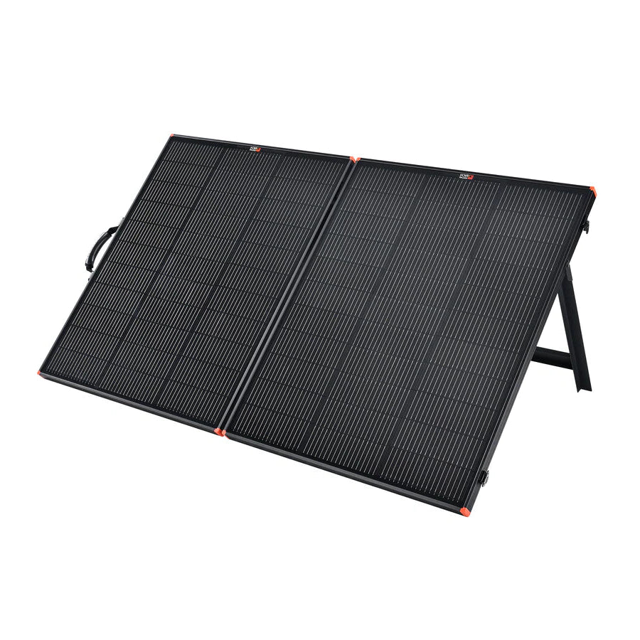 A portable, foldable black Ecoflow solar panel with two rectangular sections and a built-in stand and handle, shown angled for sunlight—ideal for pairing with an Ecoflow DELTA Pro Ultra solar power station for reliable off-grid use.