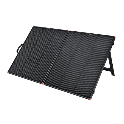 A portable, foldable black Ecoflow solar panel with two rectangular sections and a built-in stand and handle, shown angled for sunlight—ideal for pairing with an Ecoflow DELTA Pro Ultra solar power station for reliable off-grid use.