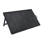 The Rich Solar portable charging kit features two foldable black monocrystalline solar panels with a stand, displayed on a white background. The sleek design is accented with small orange highlights along the edges.