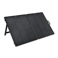 The Rich Solar portable charging kit features two foldable black monocrystalline solar panels with a stand, displayed on a white background. The sleek design is accented with small orange highlights along the edges.